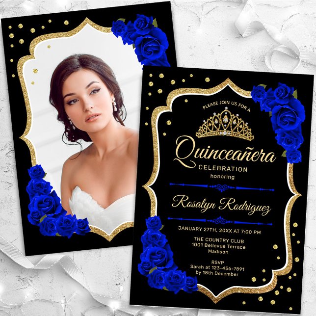 Black Royal Blue Gold Photo Quinceanera Invitation (Creator Uploaded)