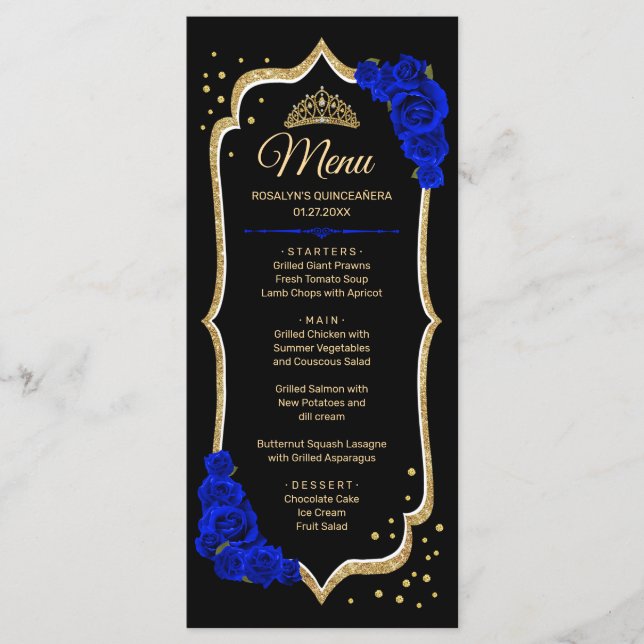 Black Royal Blue Gold Quinceanera Menu (Front)