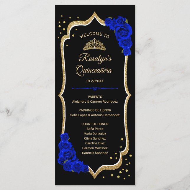 Black Royal Blue Gold Quinceanera Programme (Front)