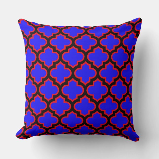 Black Royal Blue Red Quatrefoil Trellis Pillow (Front)