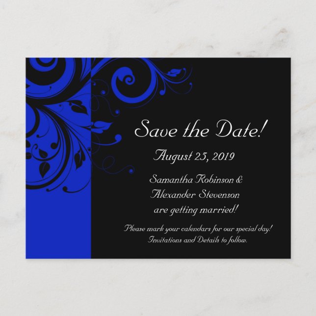 Black/Royal Blue Reverse Swirl Save the Date Announcement Postcard (Front)