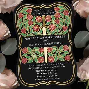Black Royal Mediaeval Floral Sword Wedding Invitation