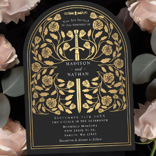 Black Royal Mediaeval Gold Sword Wedding Arch Invitation
