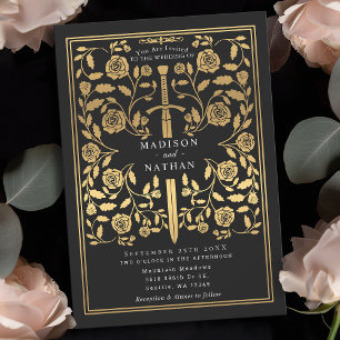 Black Royal Mediaeval Gold Sword Wedding Invitatio Invitation