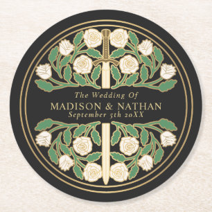 Black Royal Mediaeval Gold Sword Wedding Round Paper Coaster