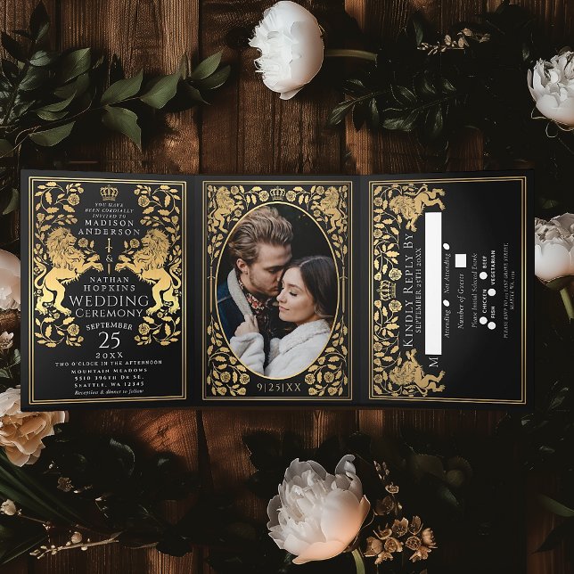 Black Royal Mediaeval Lion Wedding Tri-Fold Invitation (Creator Uploaded)