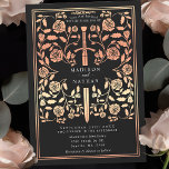 Black Royal Mediaeval Rose Gold  Sword Wedding  Invitation<br><div class="desc">Step into a tale of romance and legend! These mediaeval fantasy wedding invitations feature a regal sword entwined with rose gold florals on a black backdrop. They are perfect for couples seeking an enchanting and timeless touch for their special day. Note that the rose gold on these invitations are NOT...</div>