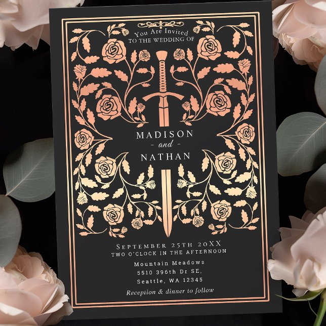 Black Royal Mediaeval Rose Gold  Sword Wedding  Invitation (Creator Uploaded)