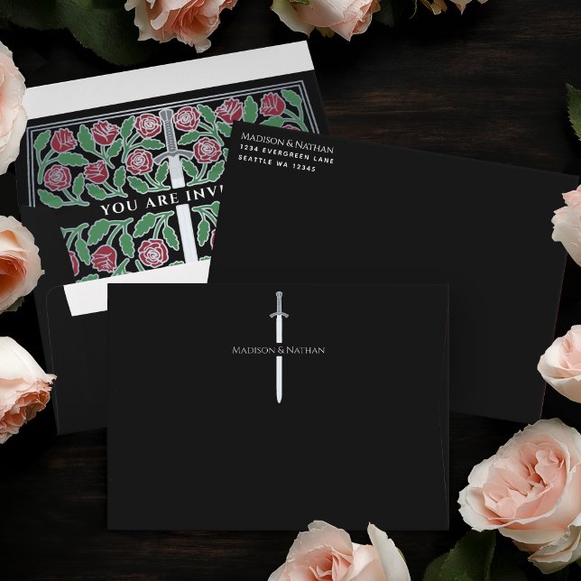 Black Royal Mediaeval Silver Floral Sword Wedding Envelope (Creator Uploaded)