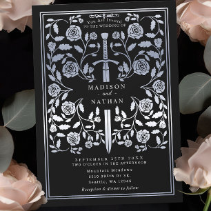 Black Royal Mediaeval Silver Sword Wedding  Invitation