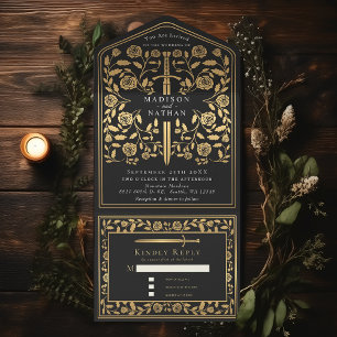 Black Royal Mediaeval Sword Wedding All In One Invitation