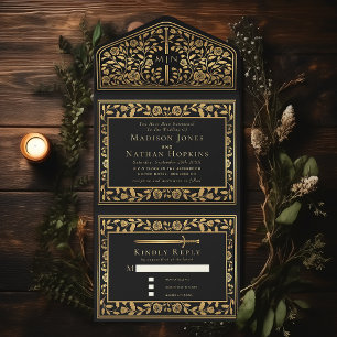 Black Royal Mediaeval Sword Wedding All In One Invitation