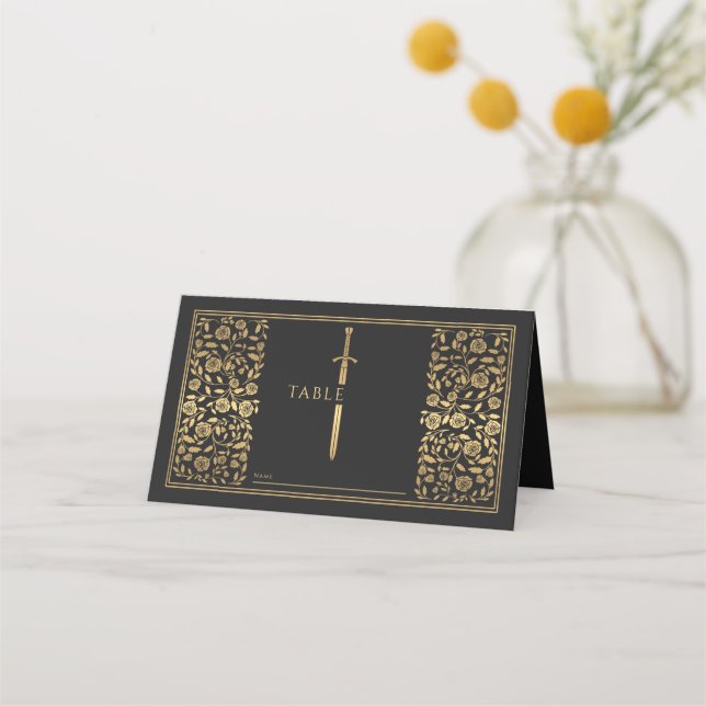 Black Royal Mediaeval Sword Wedding Place Card (Front)