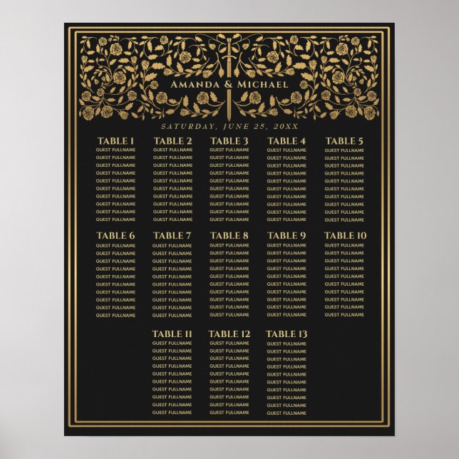 Black Royal Mediaeval Sword Wedding Seating Chart (Front)