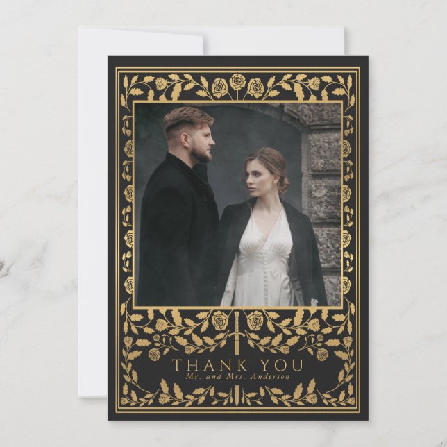 Black Royal Mediaeval Sword Wedding Thank You Card (Front)