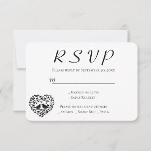 Black RSVP Card Lovebirds Wedding Floral Heart