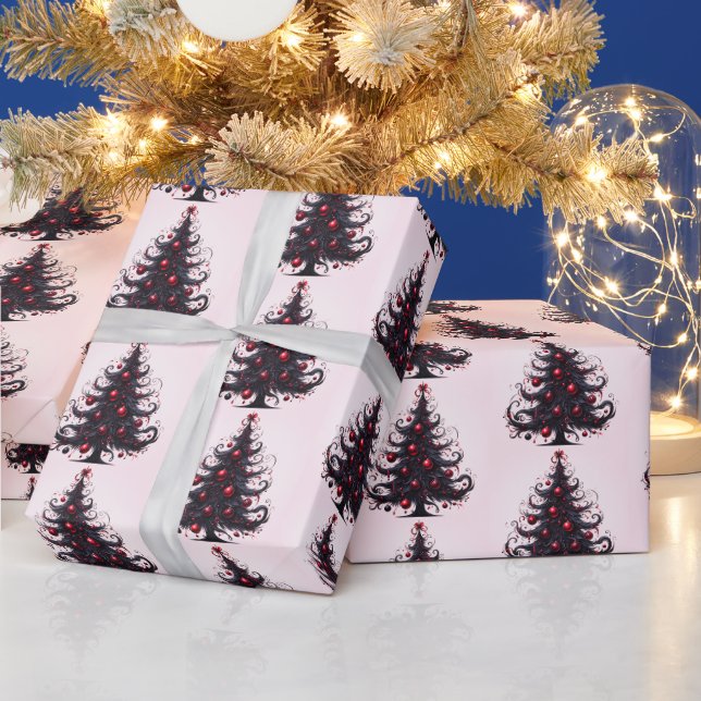 Black Ruby Red Gothic Christmas Trees Wrapping Paper (Holidays)