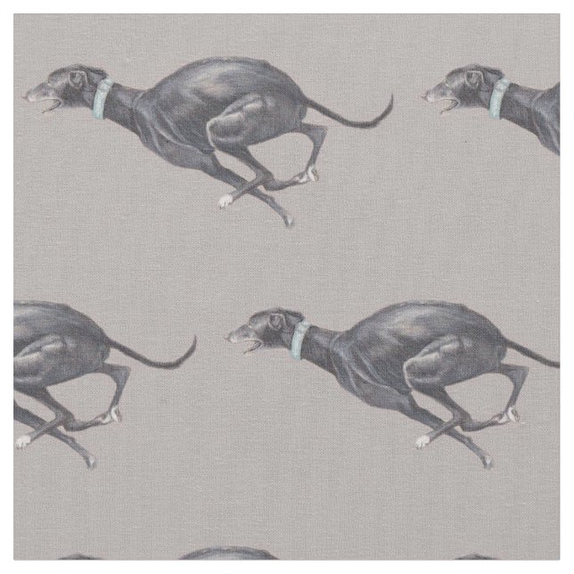 Black Running Greyhound on Grey Dog Art Fabric (Close Up)