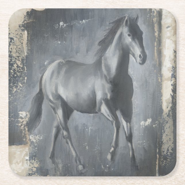 Black Running Stallion Square Paper Coaster (Front)