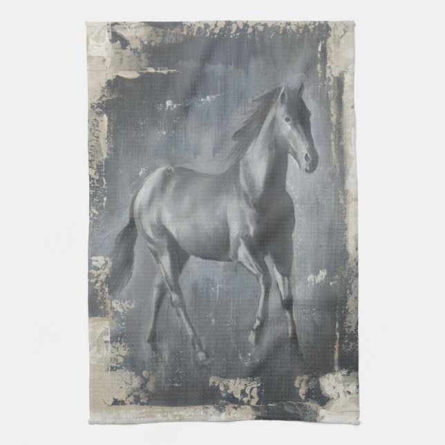 Black Running Stallion Tea Towel (Vertical)