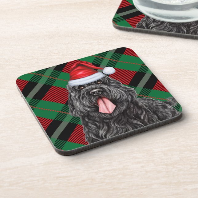 Black Russian Terrier Dog Holiday Green Plaid Coaster (Left Side)