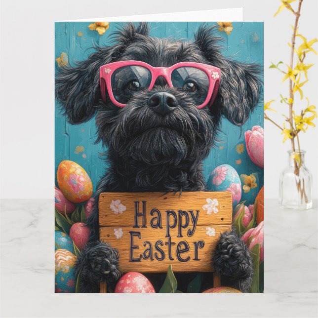 Black Russian Terrier Easter Eggs  Card (Yellow Flower)