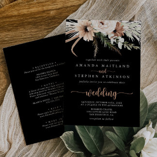 Black Rustic Boho Floral Front & Back Wedding  Invitation