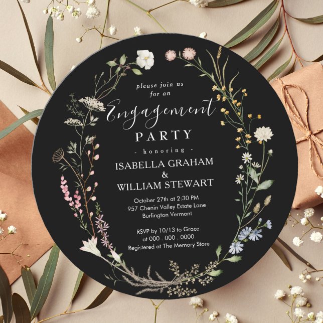 Black Rustic Chic Boho Wildflower Engagement Party Invitation (Creator Uploaded)