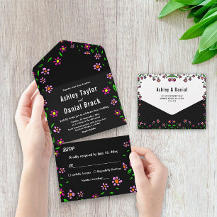 Black Rustic Colourful Roses Boho Floral Wedding All In One Invitation