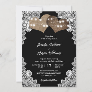 Black Rustic Country Lace String Lights Wedding Invitation