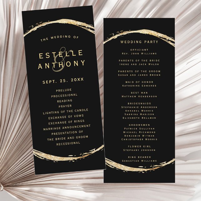 Black Rustic Gold Circle Frame Ampersand Wedding Programme (Front & Back)