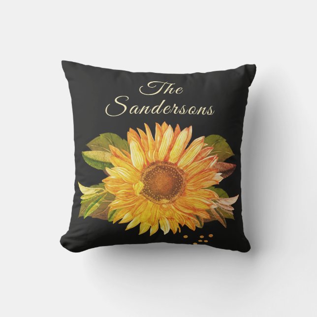 Black Rustic Golden Yellow Sunflower Cushion (Front)