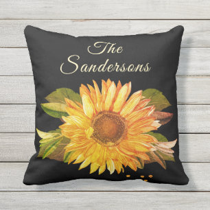 Black Rustic Golden Yellow Sunflower Cushion