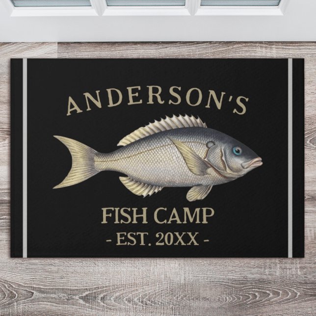 Black Rustic Personalized Fishing Cabin Doormat (Creator Uploaded)