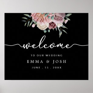 Black Rustic Pink Floral Wedding Welcome Sign
