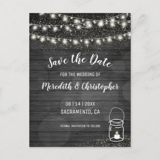 Black Rustic String Lights Wedding Save the Date Announcement Postcard
