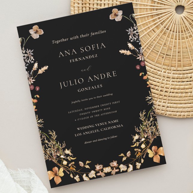 Black Rustic Wildflower Wreath Frame Fall Wedding Invitation (Creator Uploaded)