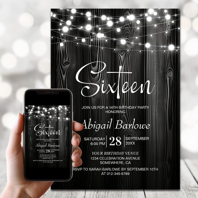 Black Rustic Wood 16th Birthday Party Invitation (Creator Uploaded)
