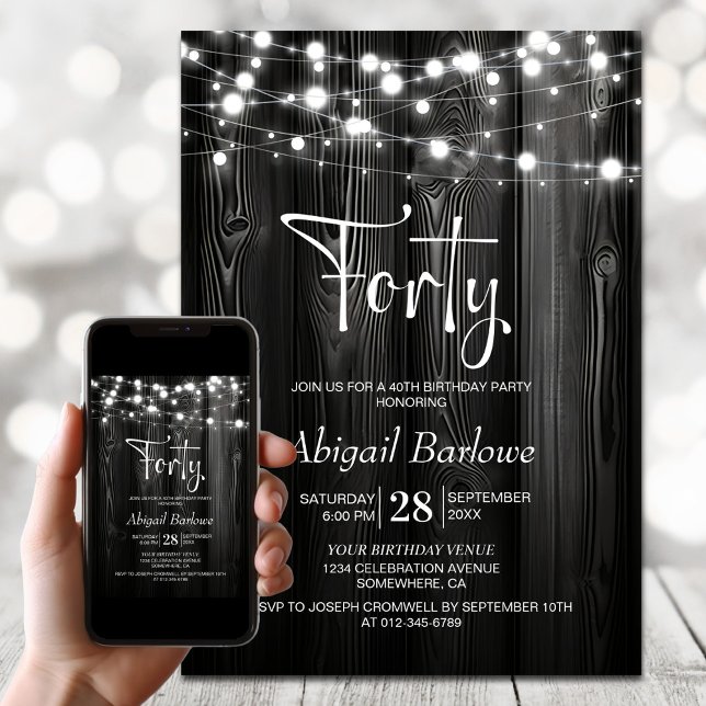Black Rustic Wood 40th Birthday Party Invitation (Creator Uploaded)