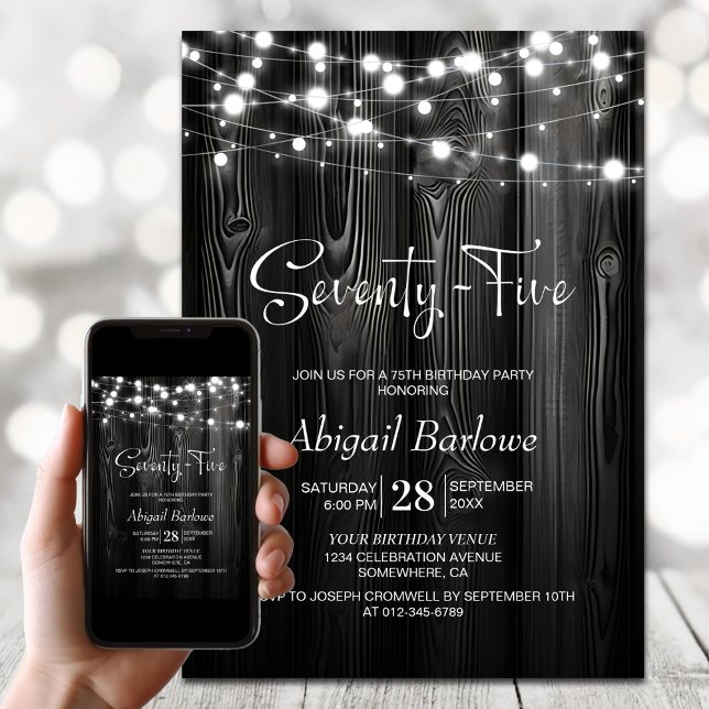 Black Rustic Wood 75th Birthday Party Invitation (Creator Uploaded)
