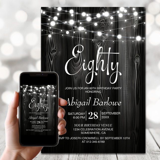 Black Rustic Wood 80th Birthday Party Invitation (Creator Uploaded)