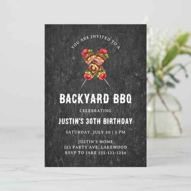Black Rustic Wood BBQ Birthday Party Invitation (Standing Front)