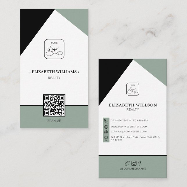 Black Saga Green Custom Business Logo & QR Code Business Card (Front/Back)