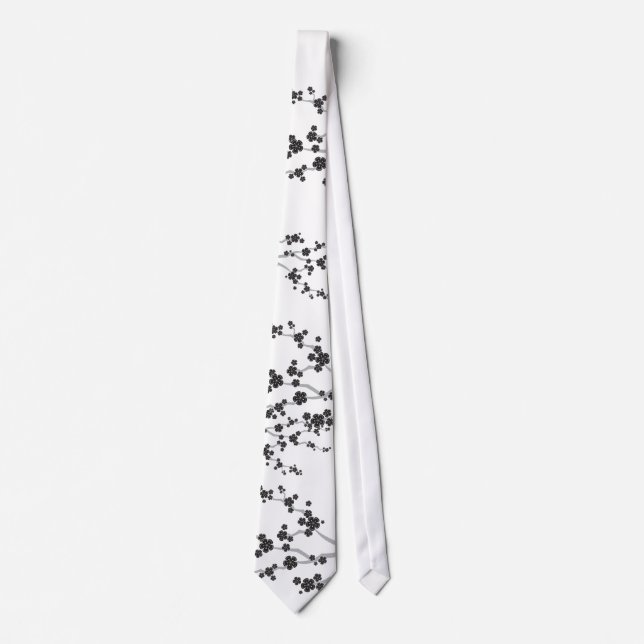 Black Sakura Cherry Blossoms Flowers Oriental Zen Tie (Front)