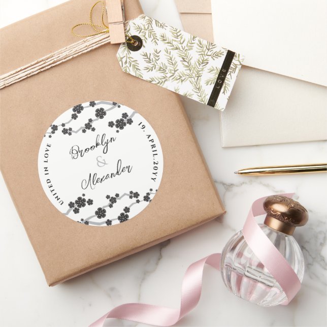 Black Sakura Cherry Blossoms Modern Asian Wedding Classic Round Sticker (Gifting)