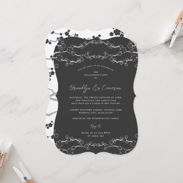 Black Sakura Cherry Blossoms Zen Wedding Reception Invitation (Front/Back In Situ)