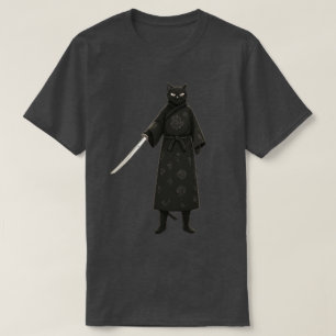 Black Samurai Cat Black Kimono T-Shirt