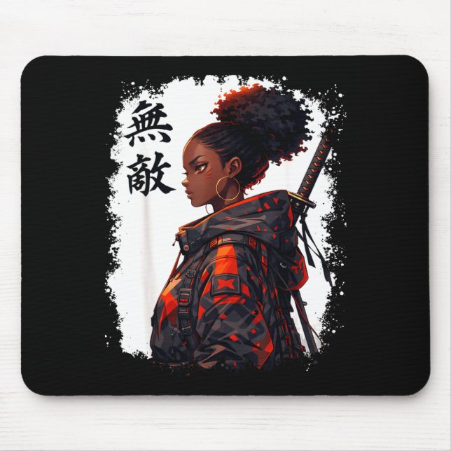 Black samurai girl anime warrior afro african mouse pad (Front)