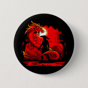 Black Samurai Red Dragon Japanese Style Artwork   6 Cm Round Badge