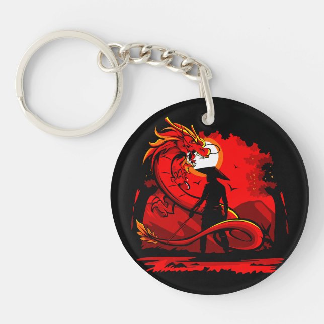 Black Samurai Red Dragon Japanese Style Artwork | Key Ring (Front)